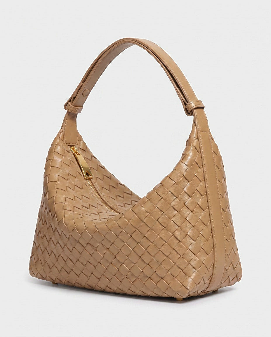 Yoko Woven Crescent Bag in Tan