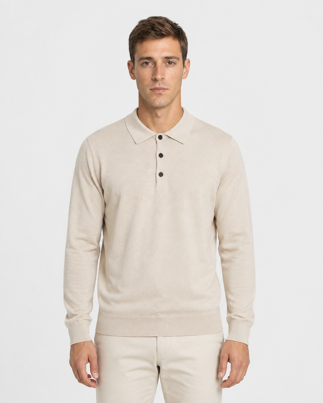 Long-Sleeve Polo, Light oatmeal, front