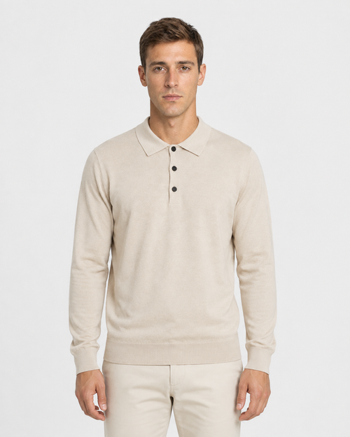 Long-Sleeve Polo, Light oatmeal, front