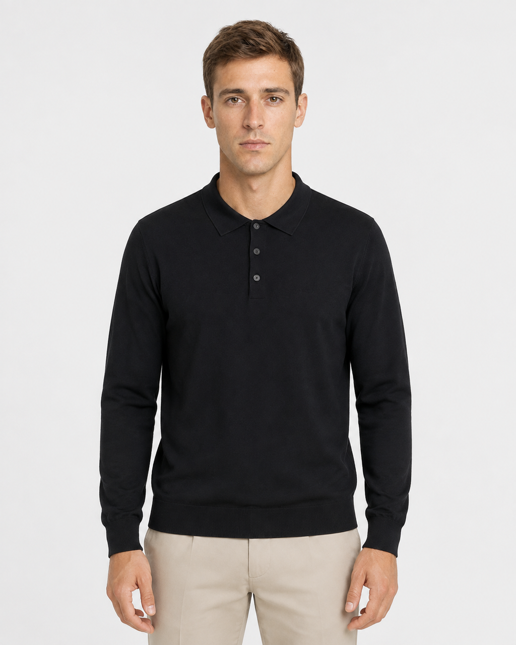 Long-Sleeve Polo, Black, front