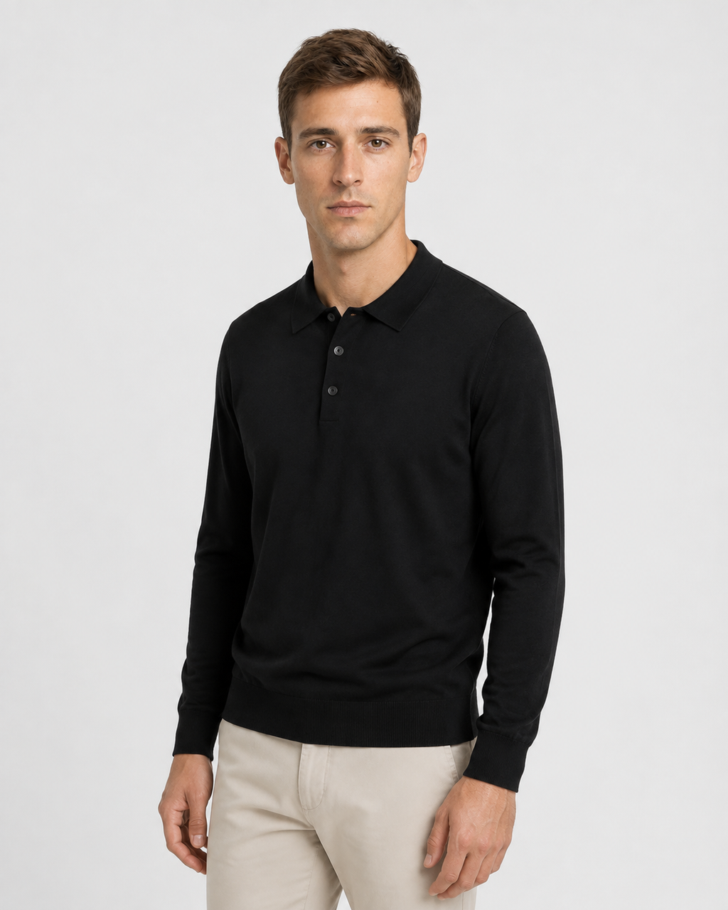 Long-Sleeve Polo, Black, threequarter